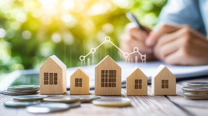 Poster - A visual representation of real estate investment, featuring wooden house models and coins, symbolizing growth and financial planning.