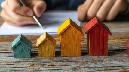 Poster - Colorful wooden houses in a row on a rustic table, with a hand writing in the background, symbolizing real estate or homeownership.
