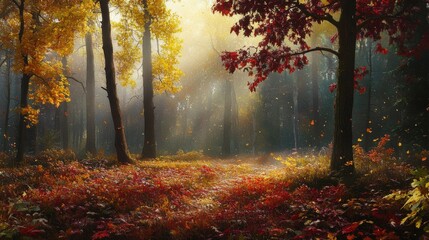 Sticker - Forest glade with red and yellow leaves