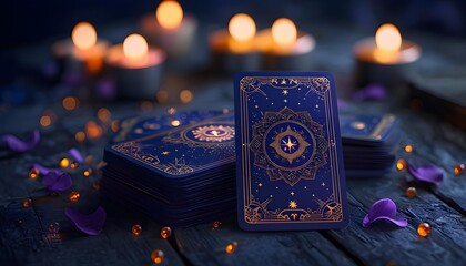 Mystical Tarot Cards in Candlelit Setting, Deep Blue and Gold, Symbolizing Mystery