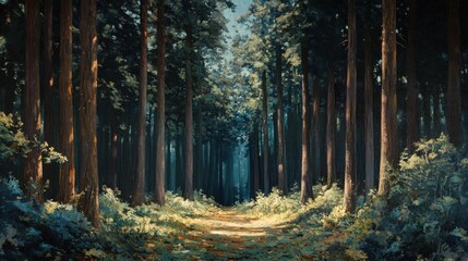 Canvas Print - Forest of tall redwood trees.