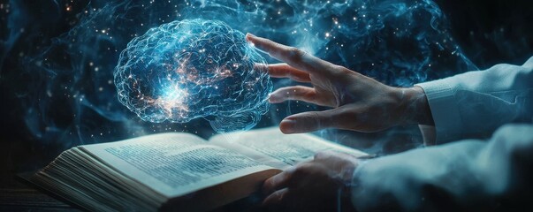 Poster - A display of an artificial intelligence brain with holographic projection and human hands working in a laboratory setting illustrating futuristic technology and scientific advancements.
