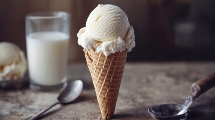 A single scoop of vanilla ice cream in a waffle cone with a glass of milk and a silver spoon on a rustic wooden table.