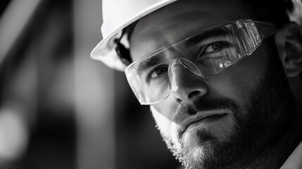 Aufkleber - A construction worker in a hard hat and safety glasses concentrates on safety measures while working on the construction site. Generative AI