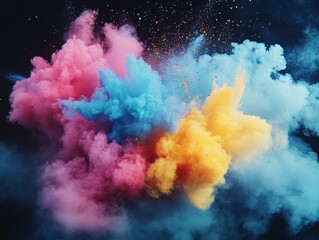 Poster - vibrant explosion of colorful smoke in pink, blue, yellow, and white against a dark backdrop, creati