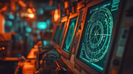 Poster - Closeup of radar screens in a dimly lit control room, displaying intricate patterns and data.