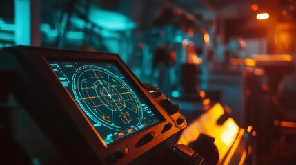 Fototapete - Close up of a radar screen in a dark room with a blurred background.