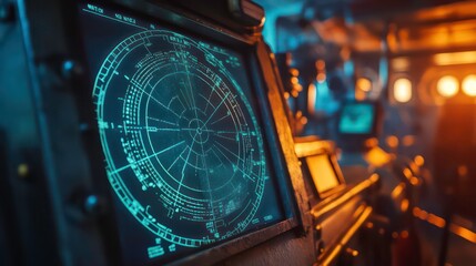 Poster - A close-up of a radar screen in a ship's bridge, with a blurred crew member in the background.