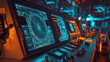 Poster - A close-up shot of a ship's bridge with a radar screen and a variety of controls.