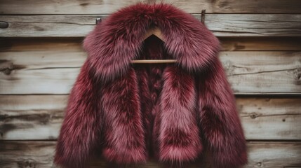 elegant burgundy faux fur coat on wooden background