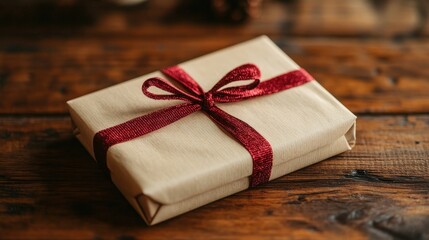 Elegant gift-wrapped present with a red ribbon atop a rustic wooden table.