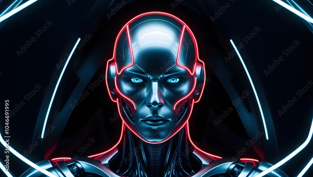 Futuristic humanoid robot with glowing neon outlines and metallic ...