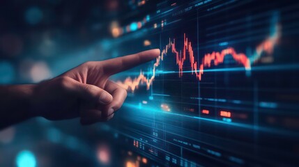 Aufkleber - A hand points at a stock market graph on a computer screen. The graph shows a rising trend.