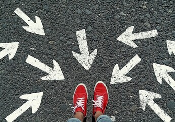 Person in red sneakers standing on an asphalt road surrounded by white arrows pointing in different directions, symbolizing open spaces and possibilities for future paths in a casual setting.