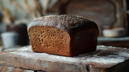 Wall Mural - Freshly Baked Brown Bread on Wooden Surface Crusty Loaf with Rustic Kitchen Texture Evoking Warmth and Comfort