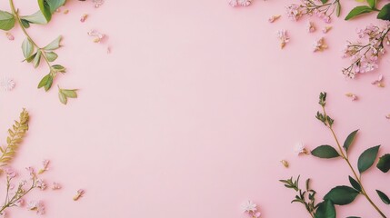 Poster - Photo of, Pink background with scattered flowers and leaves for design, banner template