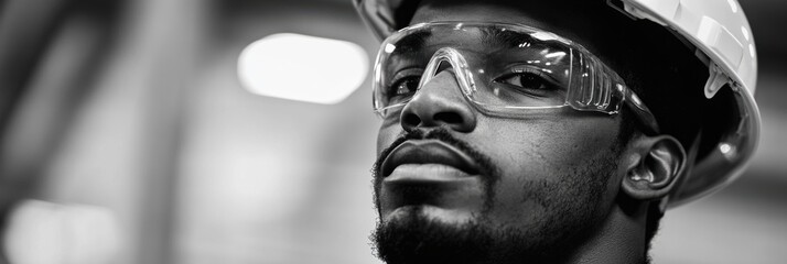 Poster - The construction worker confidently observes the surroundings, wearing safety glasses and a hard hat while on site during daytime. Generative AI