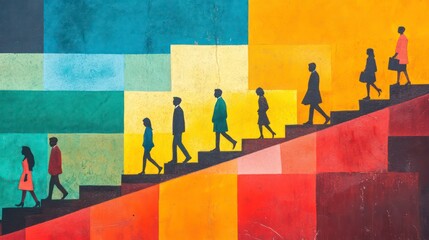 Aufkleber - A group of people walking up a staircase, symbolizing career progression and success.