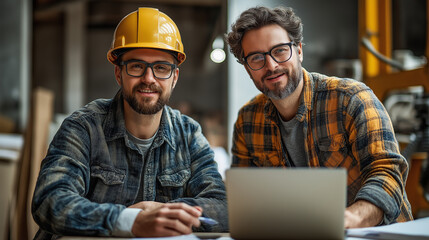 Industrial workers. a Builder with a beard wearing a protective vest and a hard hat