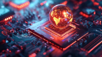 A glowing, transparent globe sits atop a computer chip, surrounded by glowing circuit boards.