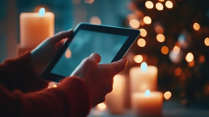Poster - close up of a hand holding a smartphone with the screen illuminated in a dimly lit room with glowing