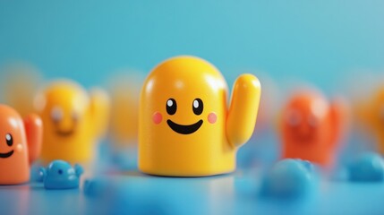 Smiling Yellow Emoji Figurine on Blue Background