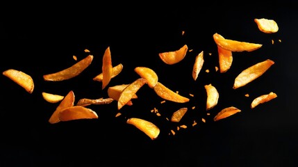 Poster - Crispy potato wedges flying in the air against a black background.