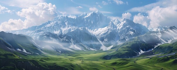 Wall Mural - Scenic mountain range with snow-capped peaks, 4K hyperrealistic photo