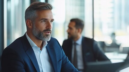 Poster - A man in a suit is sitting at a desk with another man in a suit behind him