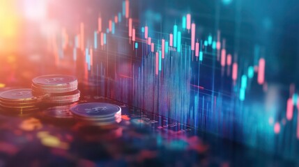 Poster - A stack of silver coins in the foreground with a stock market graph displayed on a screen in the background.