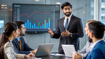 An Indian business analyst presenting data insights and analytics to stakeholders in a boardroom.
