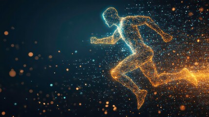 Poster - A digital human figure made of glowing particles runs across a dark background.