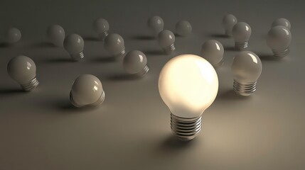 Poster - A single glowing light bulb stands out from a group of unlit bulbs on a gray background.