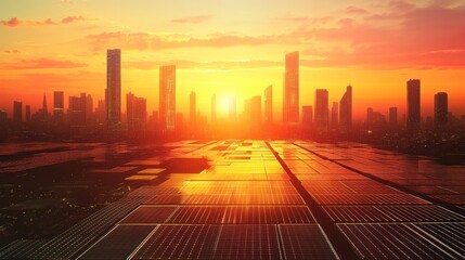 A sunset over a city skyline with solar panels reflecting the light.