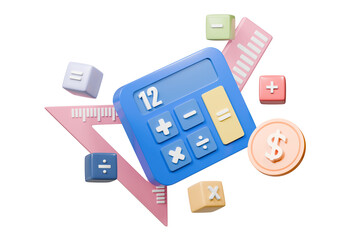 Poster - 3D Calculator device icon. Minimal Calculating machine, mathematic tool icon on isolated background. Budget management concept. Financial calculation of money. Tax time. Education of Math. 3D Render.