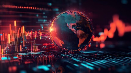 Poster - A glowing digital globe sits atop a network of data lines and charts, symbolizing global connectivity and data exchange.