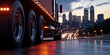 © Maksym - The powerful wheels of a semi-truck speeding over a bridge, with the city in the background, showcasing the seamless connection of logistics and urban freight delivery.