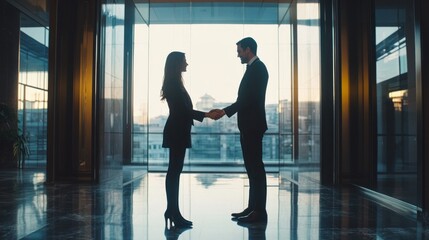 Poster - A man and a woman are shaking hands in a large room