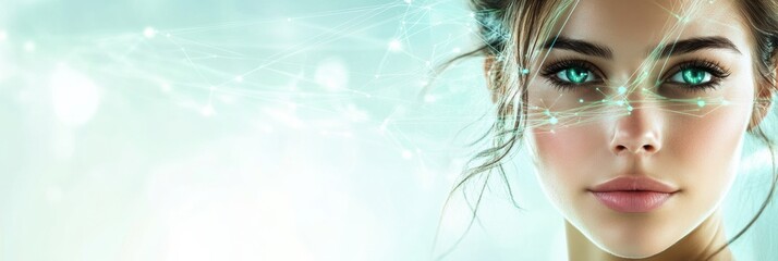 Aufkleber - A beautiful young woman gazes confidently, surrounded by a captivating 3D network and data flow design, reflecting modern technology. Generative AI