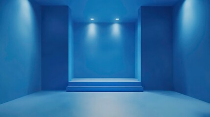 Aufkleber - A minimalist blue room with a platform and two spotlights.