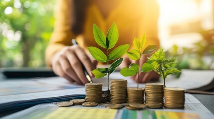 Aufkleber - A woman's hand with a pen points to a stack of coins with growing plants, representing financial growth and investment.