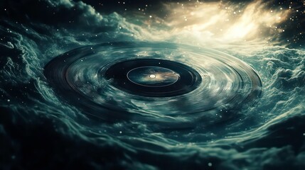 Poster - A vinyl record floating in a cosmic nebula with a galaxy in the center of the record.