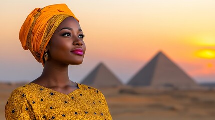 Black woman in traditional African attire, standing proudly in front of ancient pyramids in Egypt, representing history and heritage for Black & Abroad 