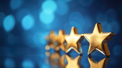 five gold stars in a row on a blue bokeh background, symbolizing excellence and customer satisfactio