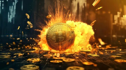 Poster - A gold bitcoin coin explodes in a fiery blast, surrounded by smaller coins, against a backdrop of stock market charts.