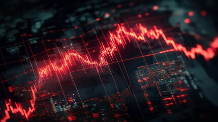 Aufkleber - A red line graph dips down on a screen showing a world map, indicating a stock market downturn or economic crisis.