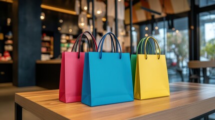 A display of colorful shopping bags in blue, yellow, red, and green adds vibrancy to a modern store interior, inviting and lively.