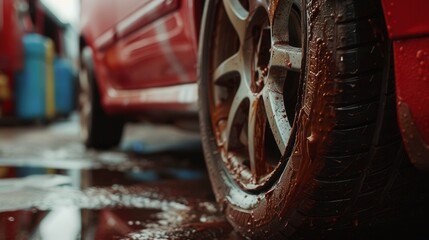 Aufkleber - A car tire is being changed in a garage, highlighting the muddy condition of the tire due to rain, with tools scattered around. Generative AI