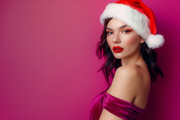 Beautiful young woman in a red top and a Santa’s hat, on a vibrant background, copy space design for winter holidays banner and Christmas greeting card. Stunning woman in holiday outfit.