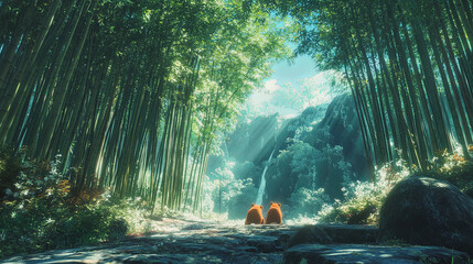 Bamboo forest with two bears enjoying serene landscape, surrounded by lush greenery and sunlight filtering through trees, creating tranquil atmosphere